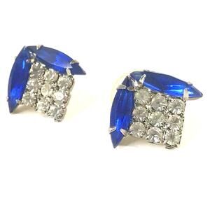 Vintage Cluster Stud Earrings Blue Rhinestone Art Deco Jewelry 1960's Pierced